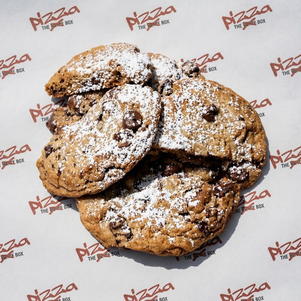 A pile of chocolate chip cookies dusted with powdered sugar on Pizza The Box branded paper.