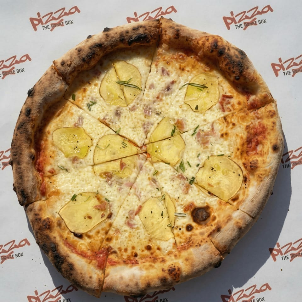 A whole, sliced pizza with potato slices, rosemary, and cheese on a branded paper background.