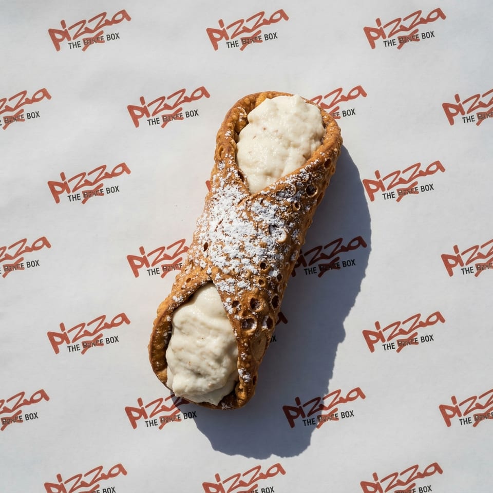 A cannoli with powdered sugar on white paper with "Pizza The Boxee Box" logos.