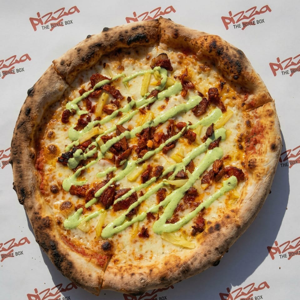 A whole pizza with pineapple, chorizo, and a green sauce drizzle on a white surface with "Pizza The Boxee Box" branding.
